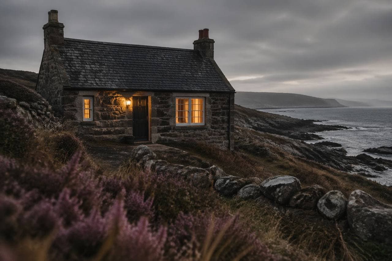 Scottish coastal stone cottage with warm kitchen light in the window