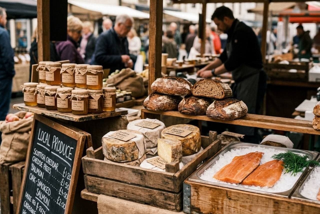 Scottish farmer's market with cheese, smoked fish, and bread