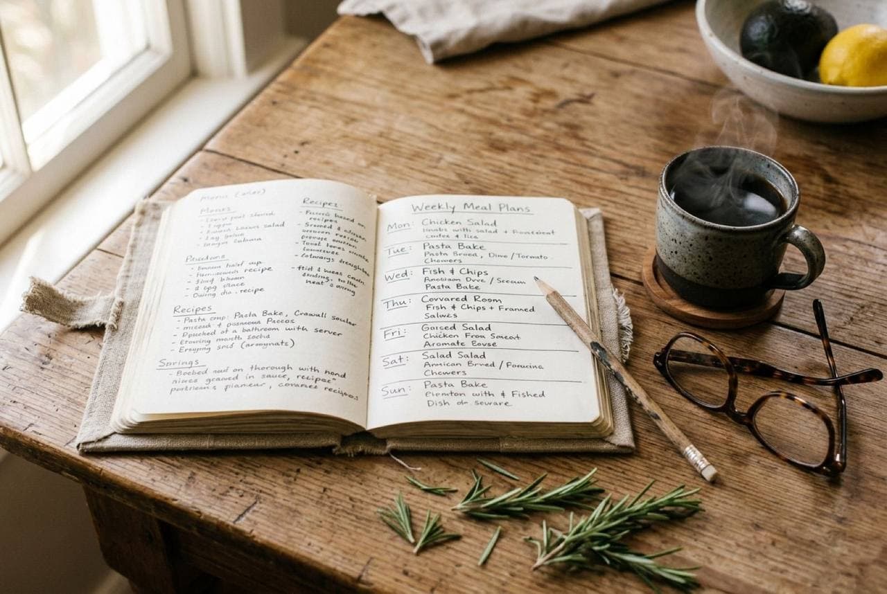 Weekly meal planner notebook on a wooden table with coffee and glasses